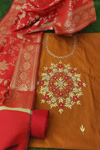 Tawny Brown Gota Patti  WORK SEMI SILK DRESS MATERIAL WITH Red Banarasi Silk Dupatta