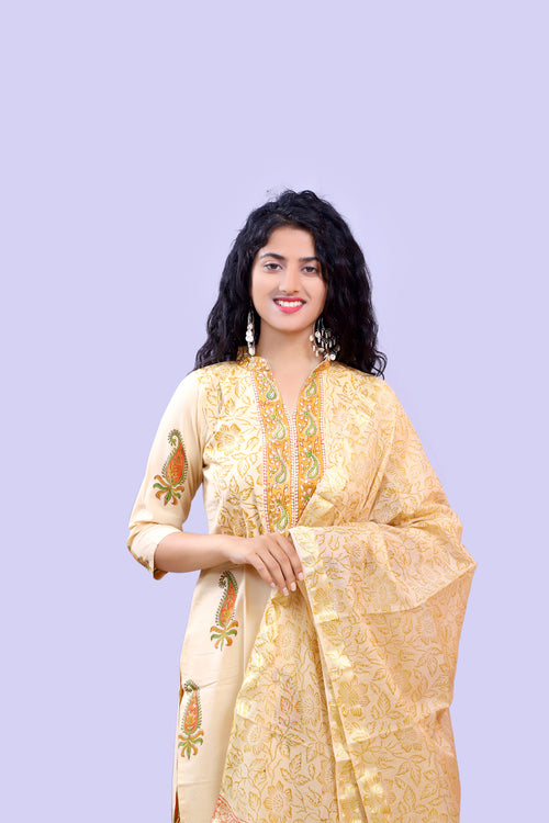 Canary Stitched Cotton Suit With Kota Doria Zari Border Dupatta
