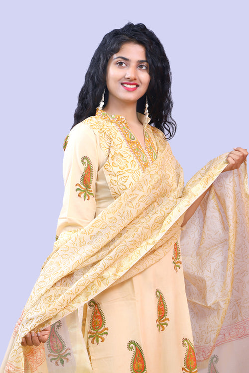 Canary Stitched Cotton Suit With Kota Doria Zari Border Dupatta