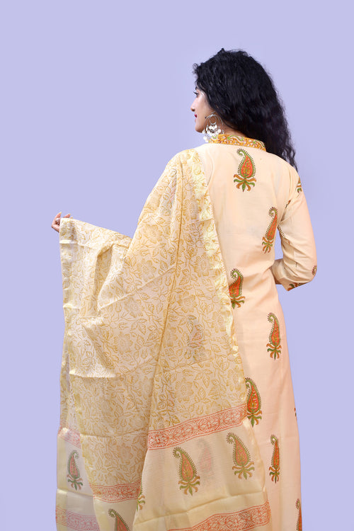 Canary Stitched Cotton Suit With Kota Doria Zari Border Dupatta