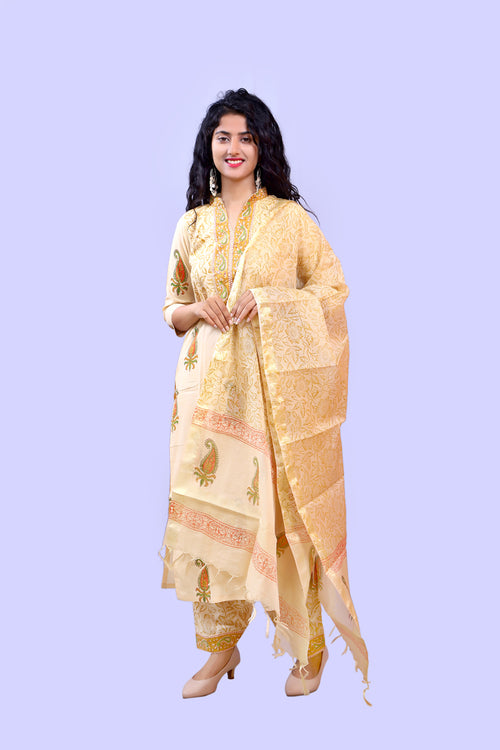 Canary Stitched Cotton Suit With Kota Doria Zari Border Dupatta
