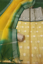 Minion Yellow Beautiful Soft Tissue Organza Banarasi Suit With Soft Organza Dupatta