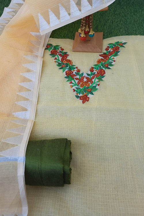 Yellow Kota Doria Embroidery Work Suit With Kota Doria Dupatta