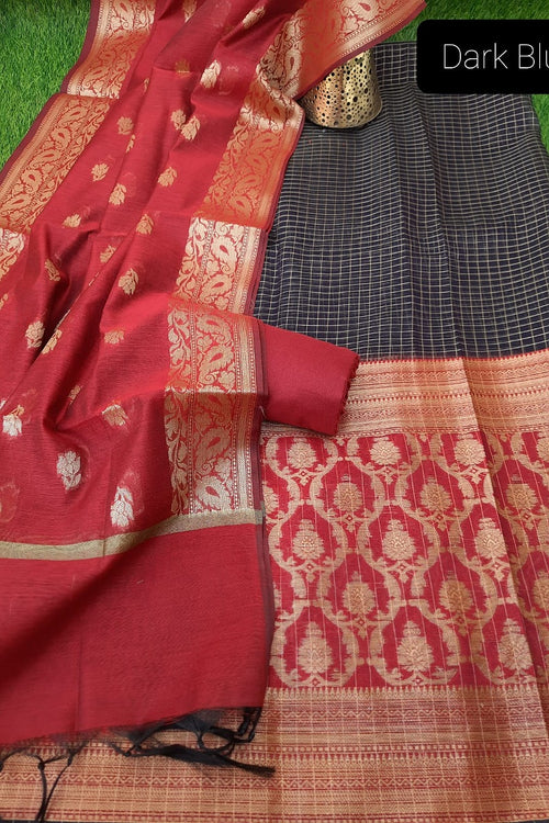 DARK BLUE SOFT TISSUE ORGANZA BANARASI SUIT WITH BANARASI CHANDERI DUPATTA