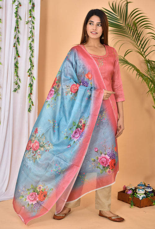 Rouge Kota Silk Digital Print Stitched Suit With Kota Silk Dupatta