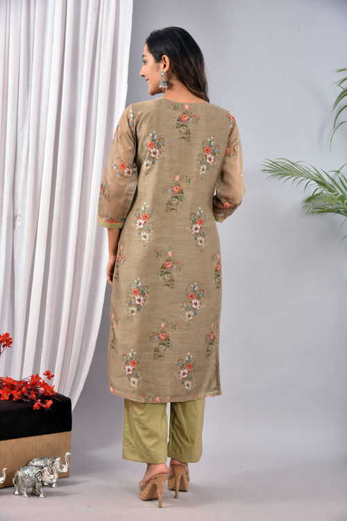 OLIVE STITCHED DIGITAL PRINT CHANDERI SILK SUIT WITH CHANDERI SILK DUPATTA