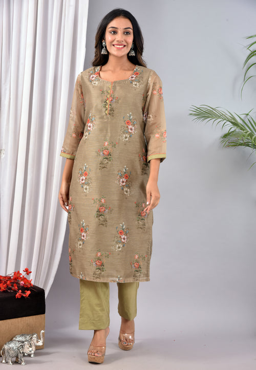 OLIVE STITCHED DIGITAL PRINT CHANDERI SILK SUIT WITH CHANDERI SILK DUPATTA