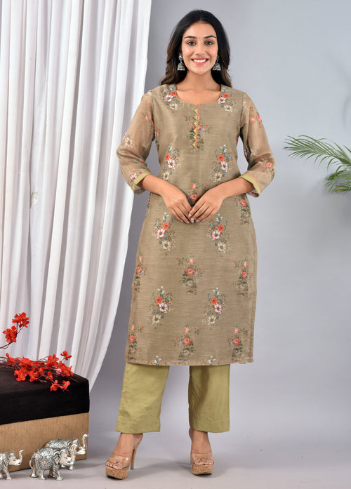 OLIVE STITCHED DIGITAL PRINT CHANDERI SILK SUIT WITH CHANDERI SILK DUPATTA