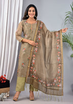 OLIVE STITCHED DIGITAL PRINT CHANDERI SILK SUIT WITH CHANDERI SILK DUPATTA