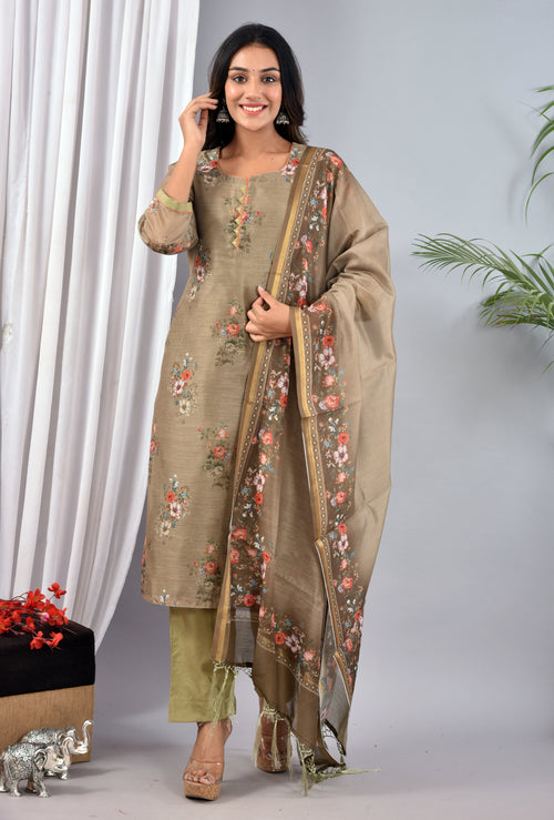 OLIVE STITCHED DIGITAL PRINT CHANDERI SILK SUIT WITH CHANDERI SILK DUPATTA