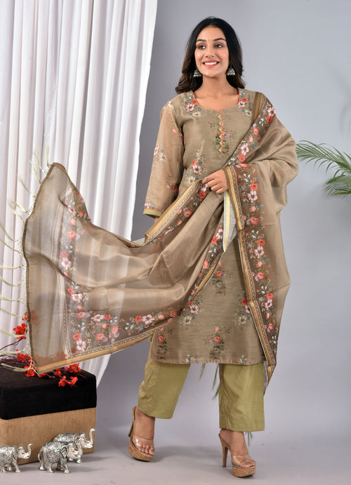 OLIVE STITCHED DIGITAL PRINT CHANDERI SILK SUIT WITH CHANDERI SILK DUPATTA