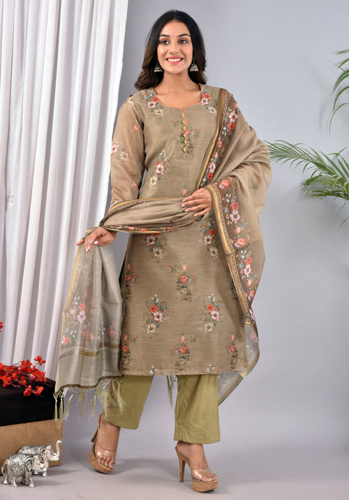 OLIVE STITCHED DIGITAL PRINT CHANDERI SILK SUIT WITH CHANDERI SILK DUPATTA