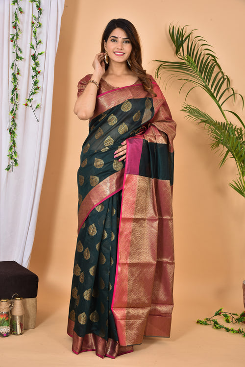 Pine With Rani Border Banarasi Zari Weaving Saree With  Blouse