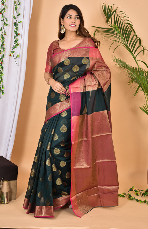 Pine With Rani Border Banarasi Zari Weaving Saree With  Blouse