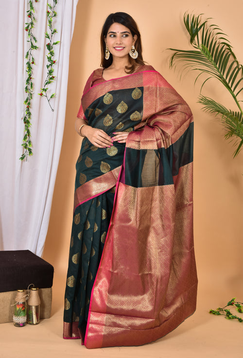 Pine With Rani Border Banarasi Zari Weaving Saree With  Blouse
