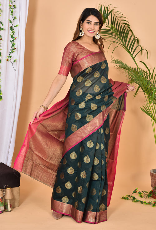 Pine With Rani Border Banarasi Zari Weaving Saree With  Blouse
