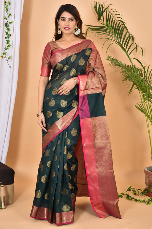 Pine With Rani Border Banarasi Zari Weaving Saree With  Blouse