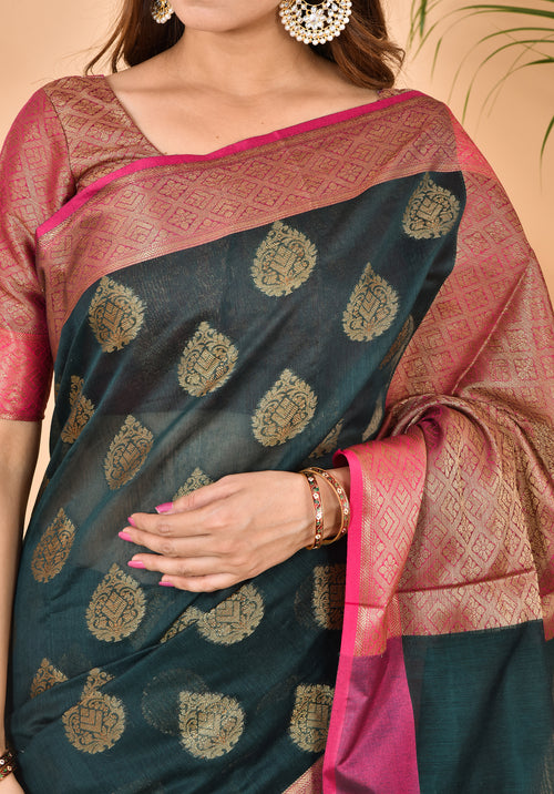 Pine With Rani Border Banarasi Zari Weaving Saree With  Blouse