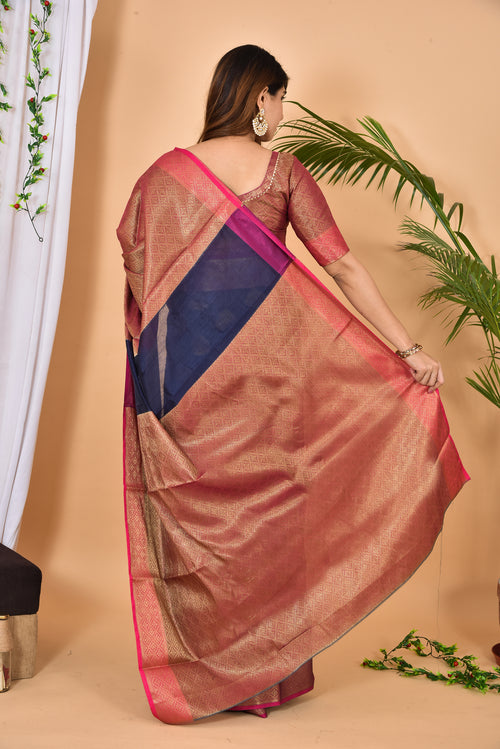 Blue With Pink Border Banarasi Zari Weaving Saree With  Blouse
