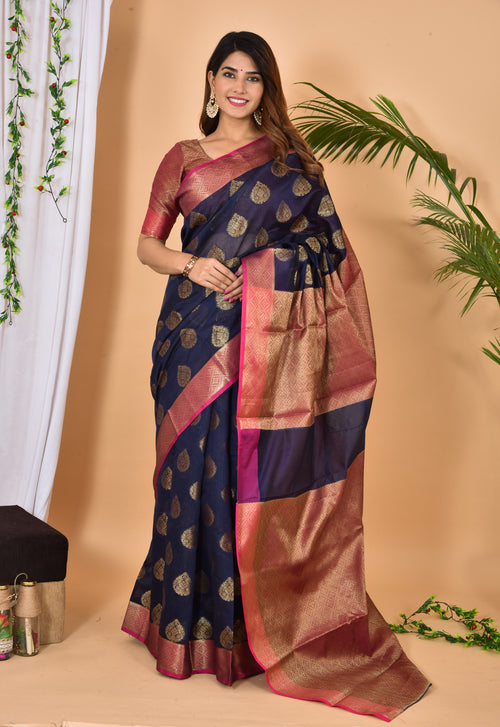 Blue With Pink Border Banarasi Zari Weaving Saree With  Blouse