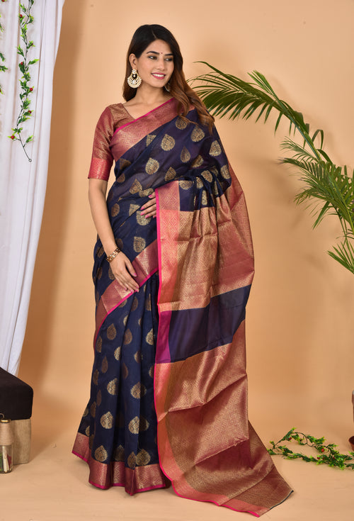 Blue With Pink Border Banarasi Zari Weaving Saree With  Blouse