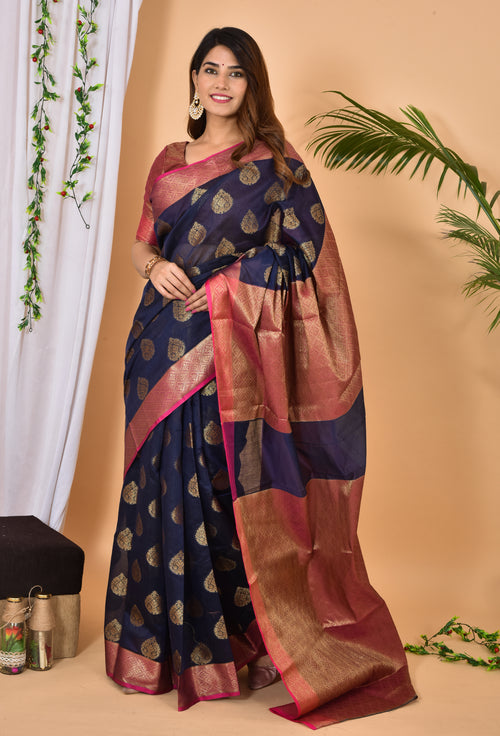 Blue With Pink Border Banarasi Zari Weaving Saree With  Blouse