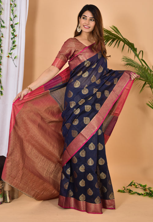 Blue With Pink Border Banarasi Zari Weaving Saree With  Blouse