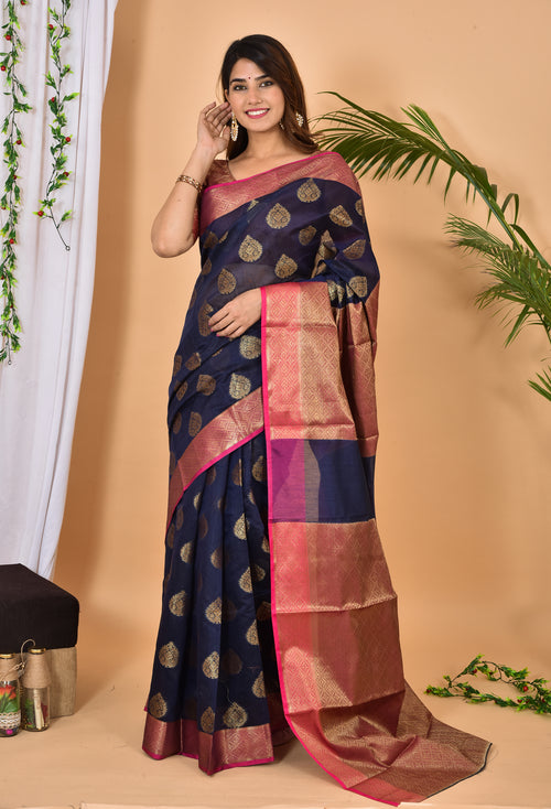Blue With Pink Border Banarasi Zari Weaving Saree With  Blouse