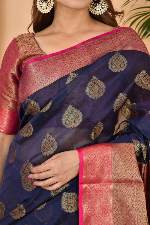 Blue With Pink Border Banarasi Zari Weaving Saree With  Blouse