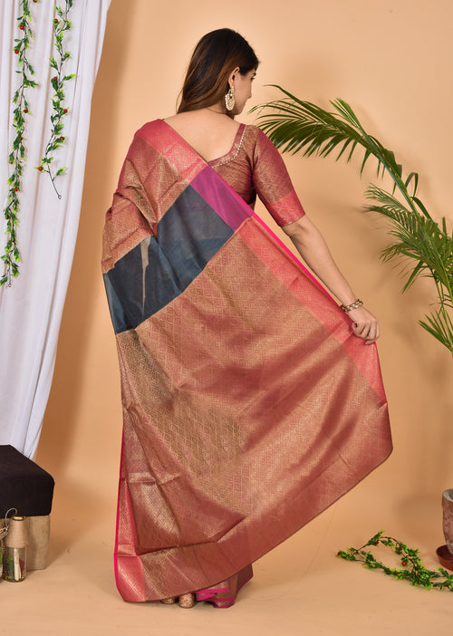 Anchor Grey With Pink Border Banarasi Zari Weaving Saree