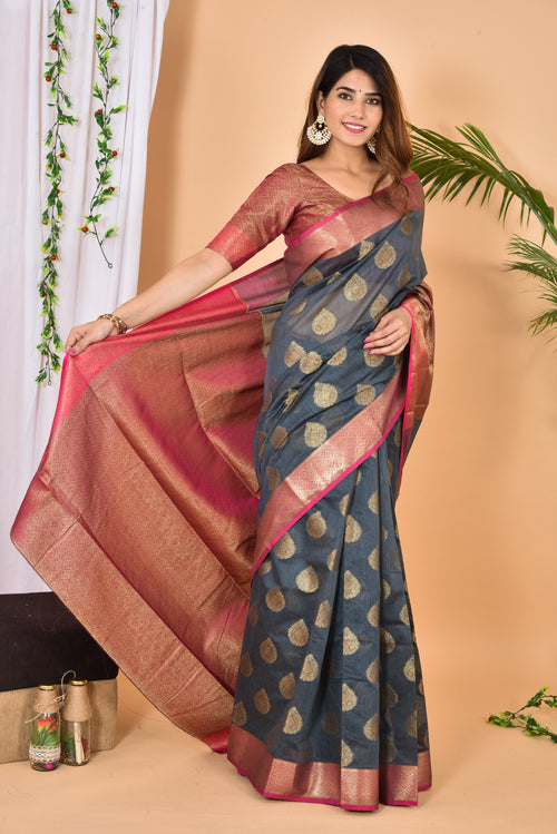 Anchor Grey With Pink Border Banarasi Zari Weaving Saree