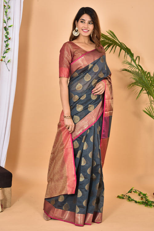Anchor Grey With Pink Border Banarasi Zari Weaving Saree
