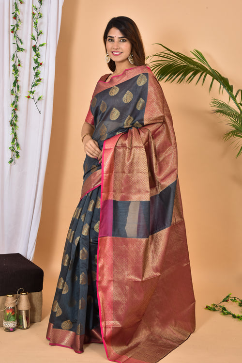 Anchor Grey With Pink Border Banarasi Zari Weaving Saree