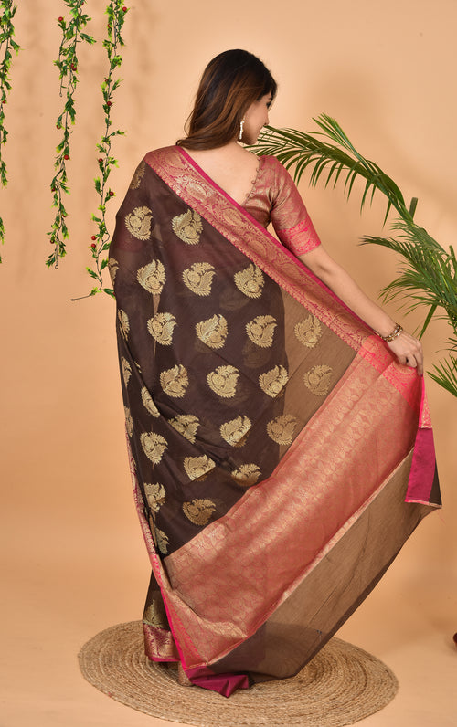 Brown With Pink Border Banarasi Zari Weaving Saree With  Blouse