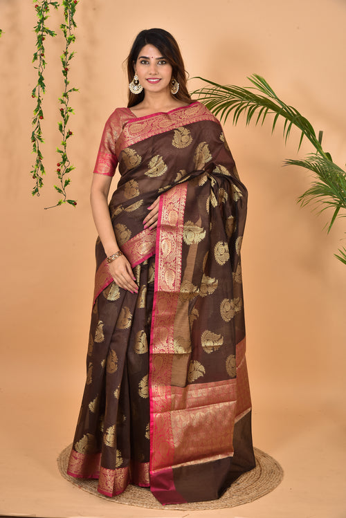 Brown With Pink Border Banarasi Zari Weaving Saree With  Blouse