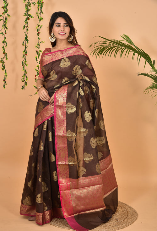 Brown With Pink Border Banarasi Zari Weaving Saree With  Blouse