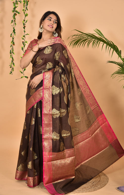 Brown With Pink Border Banarasi Zari Weaving Saree With  Blouse