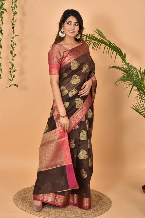 Brown With Pink Border Banarasi Zari Weaving Saree With  Blouse