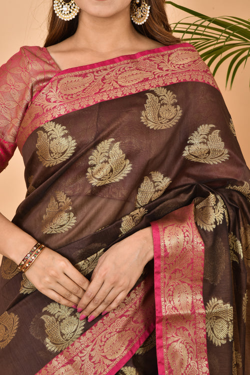 Brown With Pink Border Banarasi Zari Weaving Saree With  Blouse