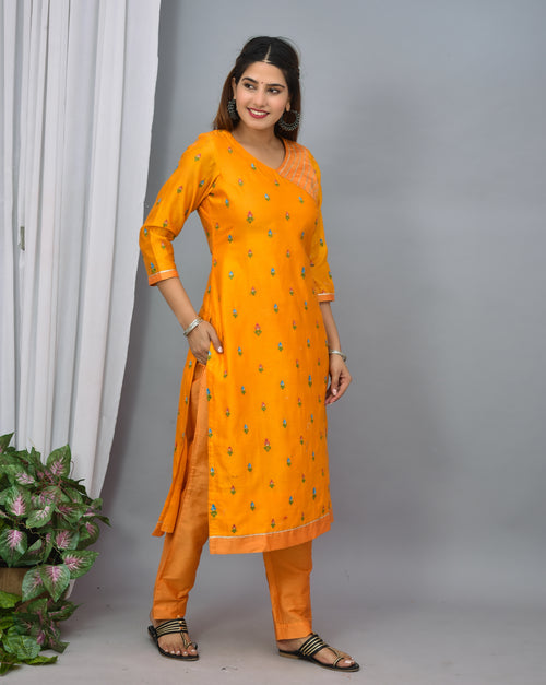 Mustard Yellow Soft Silk Suit With Embroidery Organza  Silk dupatta