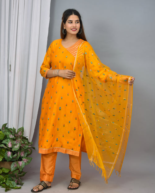 Mustard Yellow Soft Silk Suit With Embroidery Organza  Silk dupatta