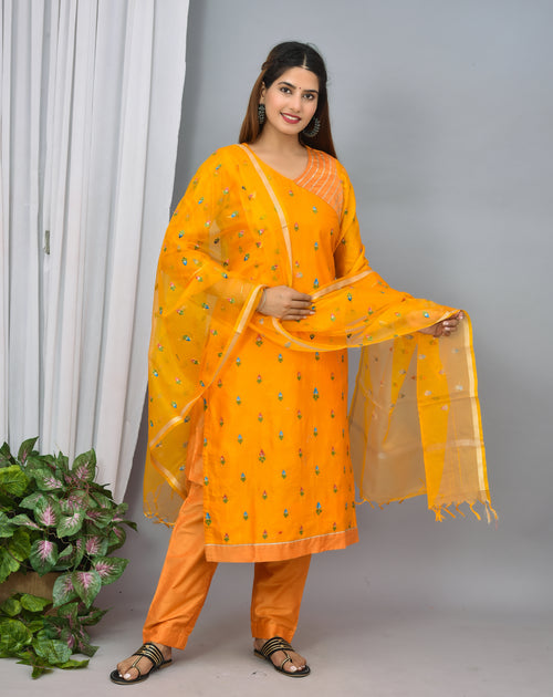 Mustard Yellow Soft Silk Suit With Embroidery Organza  Silk dupatta