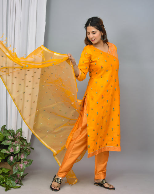Mustard Yellow Soft Silk Suit With Embroidery Organza  Silk dupatta