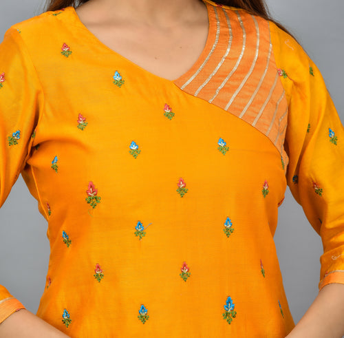 Mustard Yellow Soft Silk Suit With Embroidery Organza  Silk dupatta