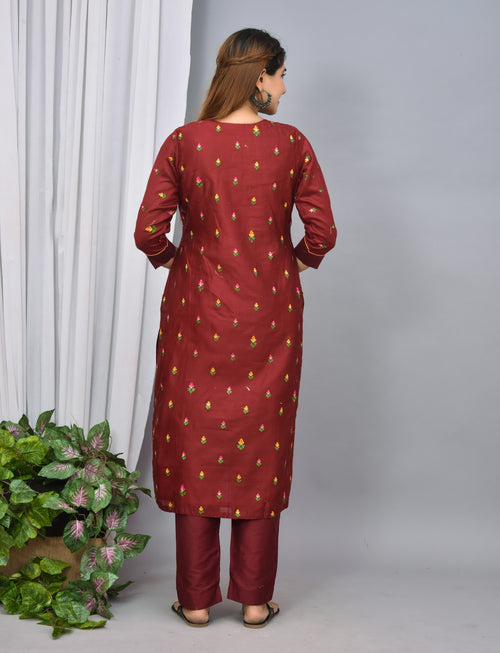 Maroon color silk suit with embroidery n organza dupatta