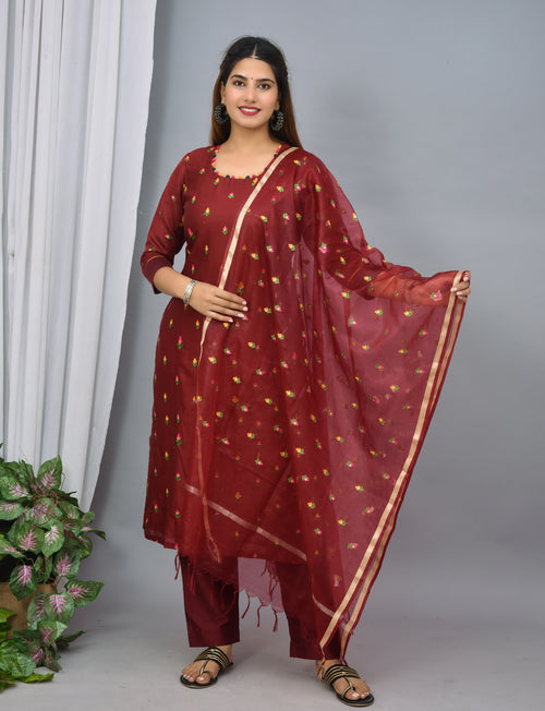 Maroon color silk suit with embroidery n organza dupatta