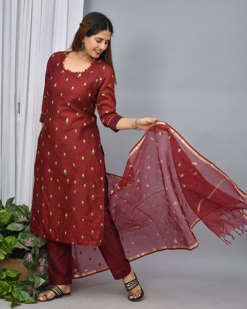 Maroon color silk suit with embroidery n organza dupatta