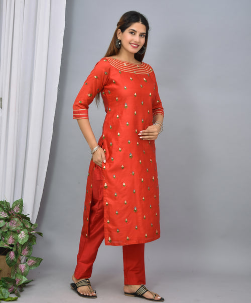 Red color silk suit with embroidery organza dupatta