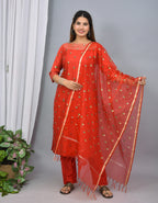 Red color silk suit with embroidery organza dupatta