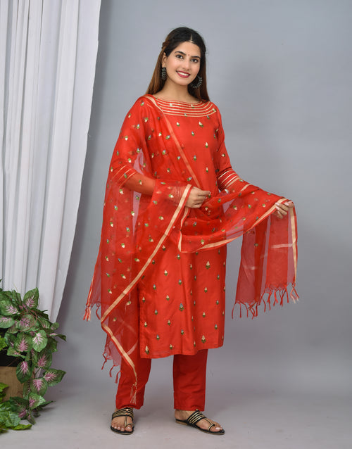 Red color silk suit with embroidery organza dupatta